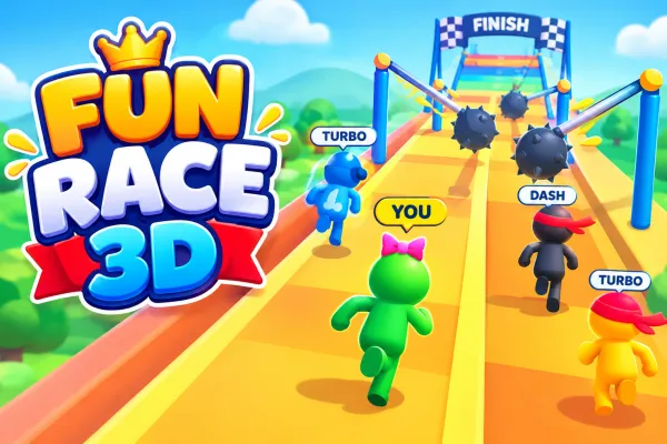 Colorful cartoon runners racing along a bright obstacle-filled track in Fun Race 3D