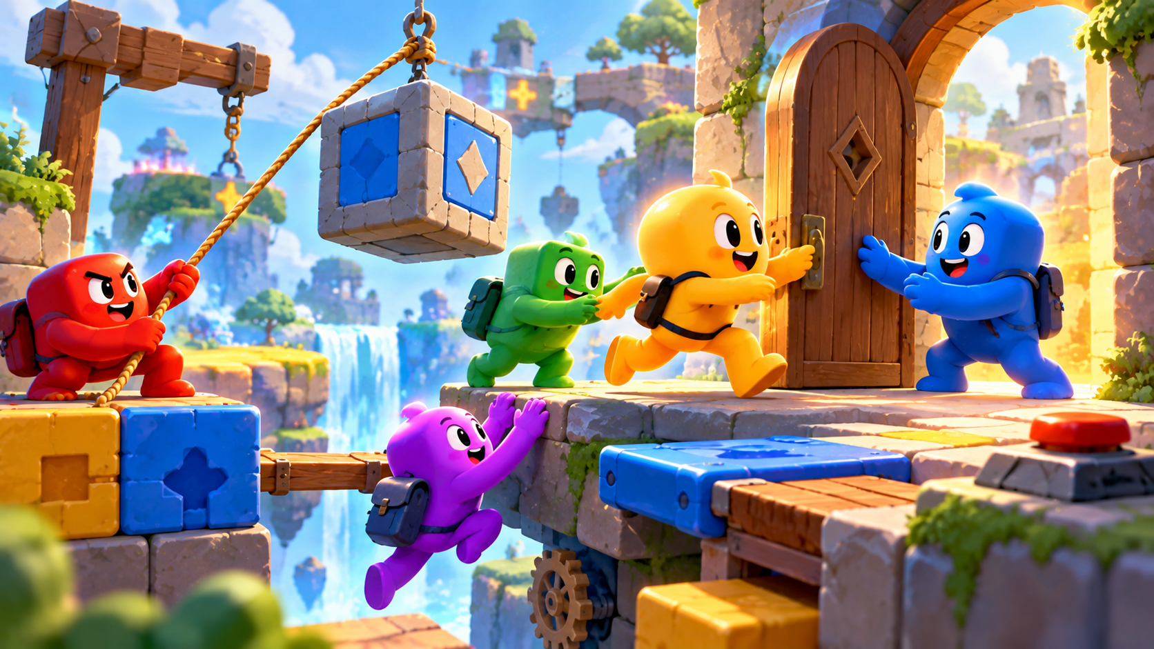 A group of cartoon characters of different shapes and colors cooperating in a bright puzzle level, one holding a door open while another runs through, cheerful co-op game art style, no text