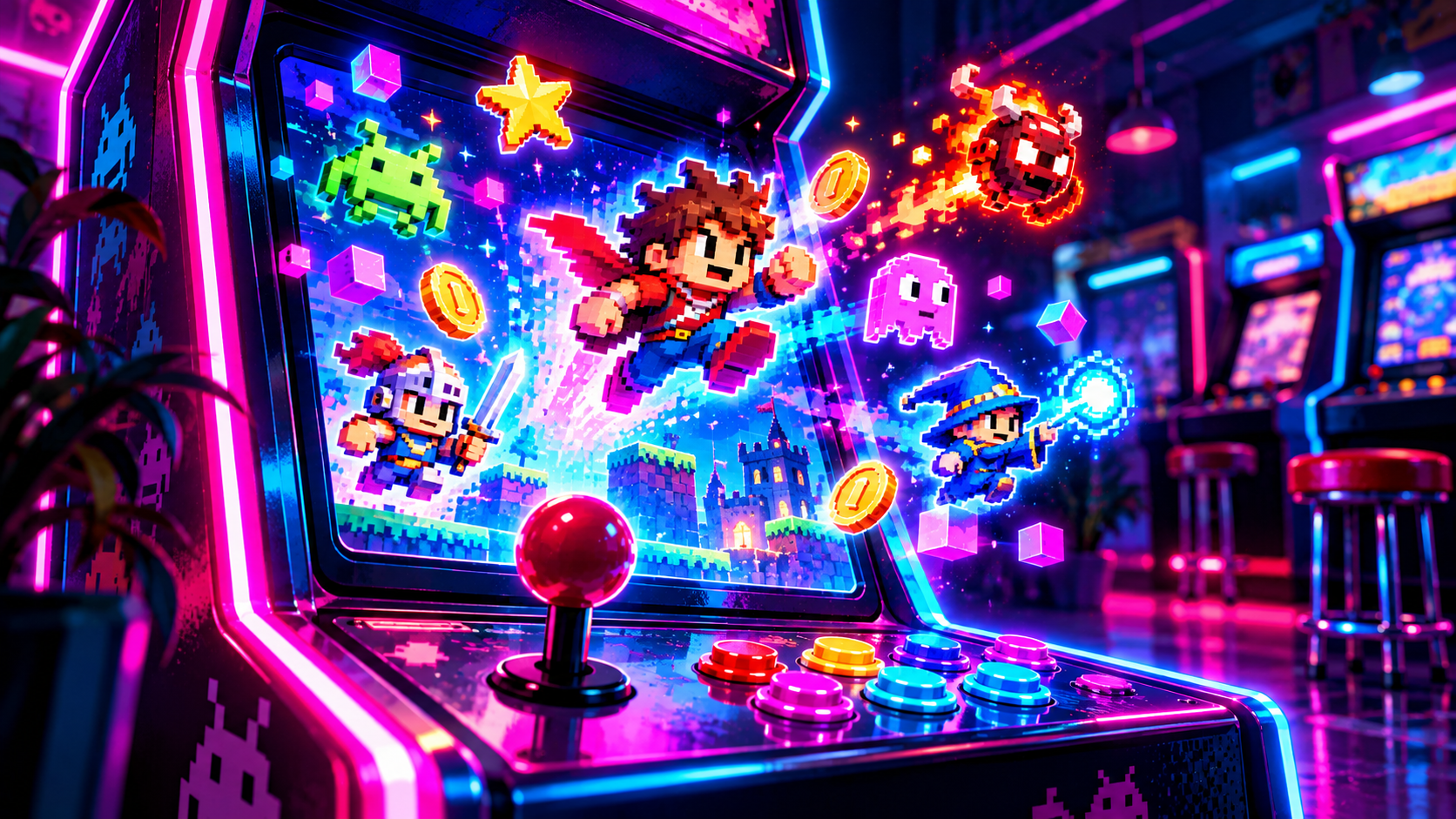 A glowing retro arcade cabinet in a dark room with neon pink and cyan lights, pixel-art characters floating from the screen, a joystick and colorful buttons in focus, synthwave-inspired illustration, no text