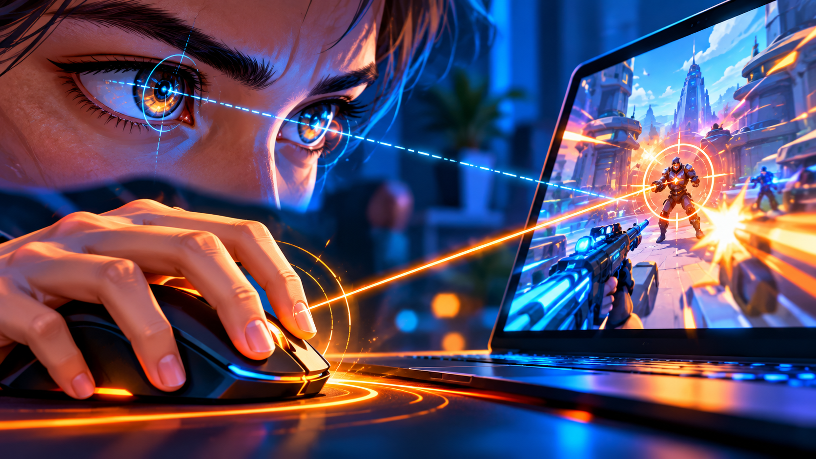 A close-up illustration of a pair of focused eyes reflected in a laptop screen with a fast-paced action game, a hand gripping a mouse, glowing target lines connecting eye, hand and screen, dynamic neon blue and orange palette, digital art style, no text