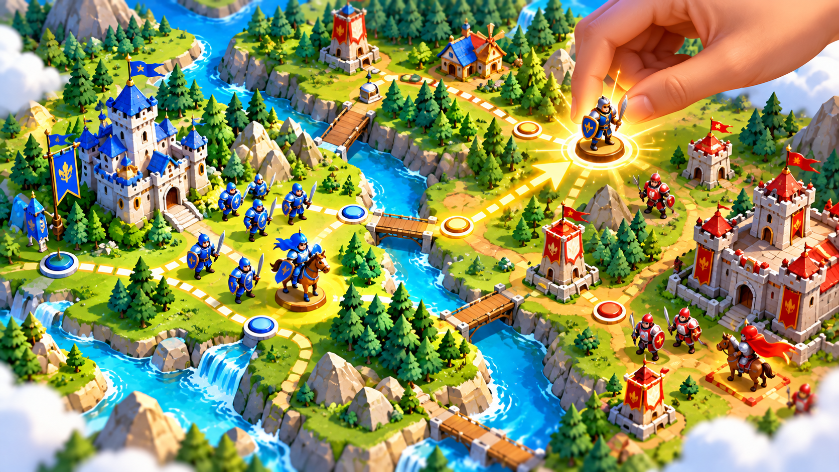 A friendly top-down view of a colorful strategy game board with small castles, soldiers, trees and a winding path, a glowing hand placing a piece, bright storybook game art style, warm greens and blues, no text