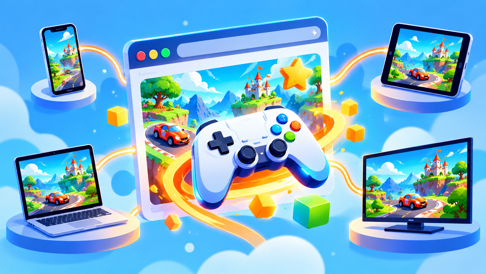 A friendly infographic-style illustration of a web browser window with a game controller coming out of it, surrounded by small icons of a phone, laptop, tablet and TV, clean flat design, bright blue and orange palette, no text