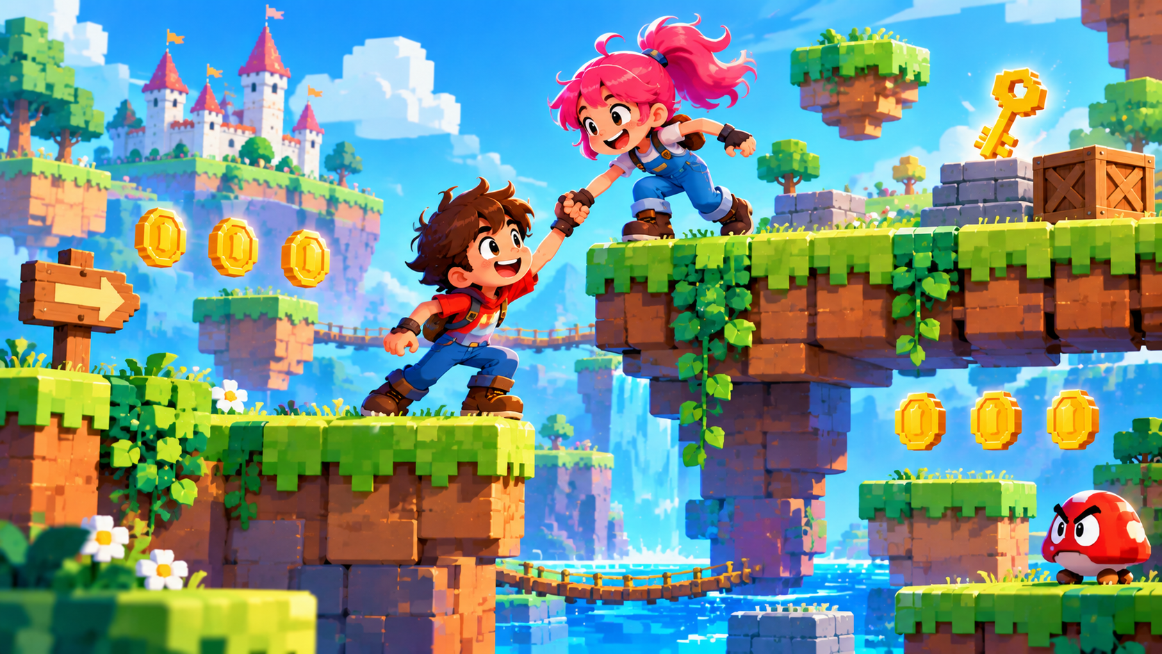 Two cartoon characters cooperating to solve a platformer puzzle, one lifting the other over a gap, bright colorful pixel-art inspired style, cheerful mood, no text
