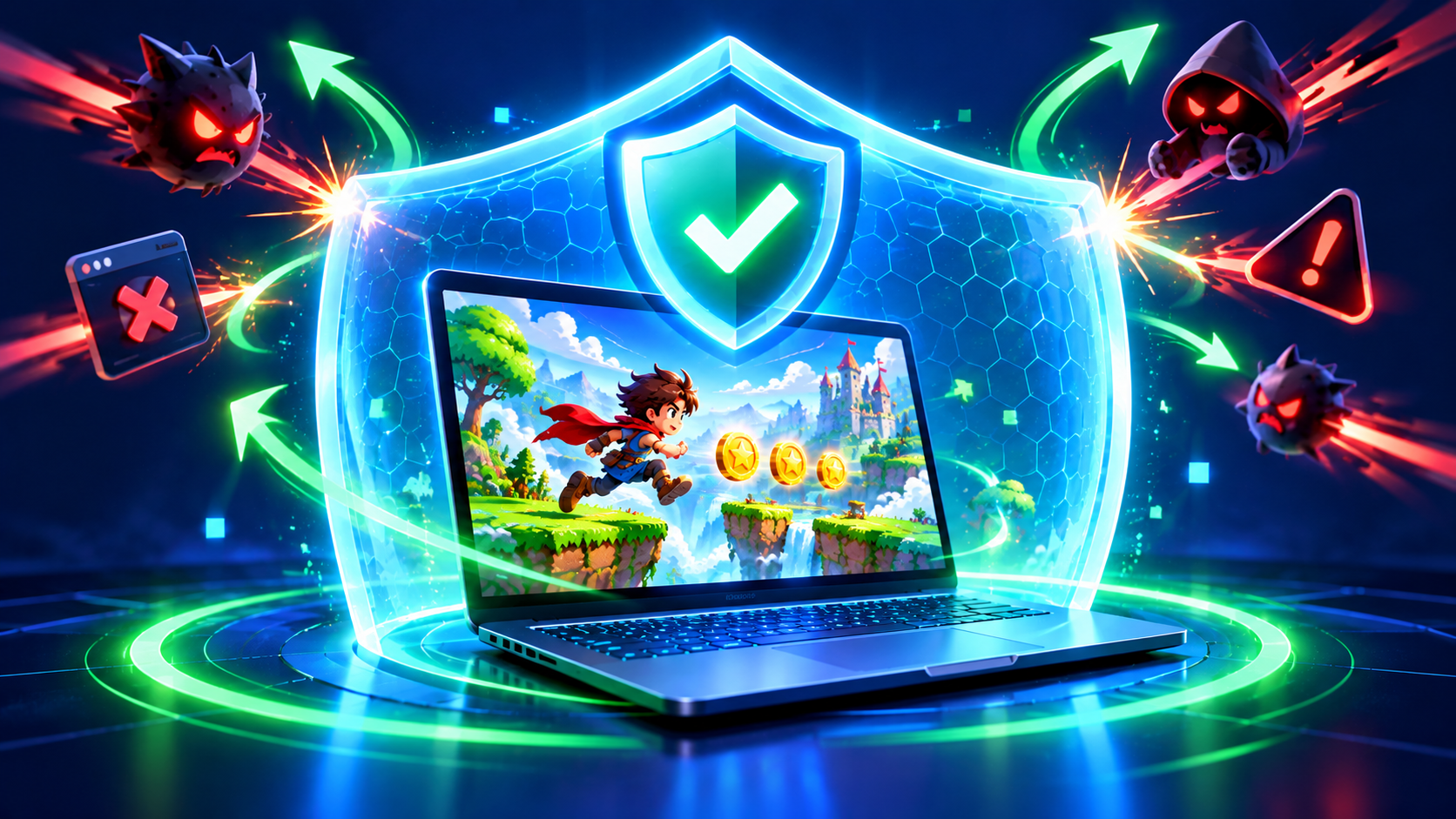 A friendly glowing shield with a checkmark protecting a laptop that is running a colorful game, small warning icons being deflected away, deep blue and green security-themed illustration, clean modern style, no text