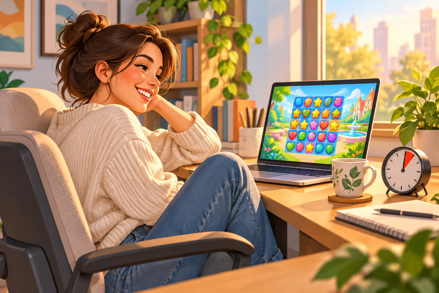 *A relaxed person in a modern office or study space taking a short break, smiling at a laptop showing a bright casual game, a small clock on the desk showing five minutes, warm natural light, friendly illustration style, no text*