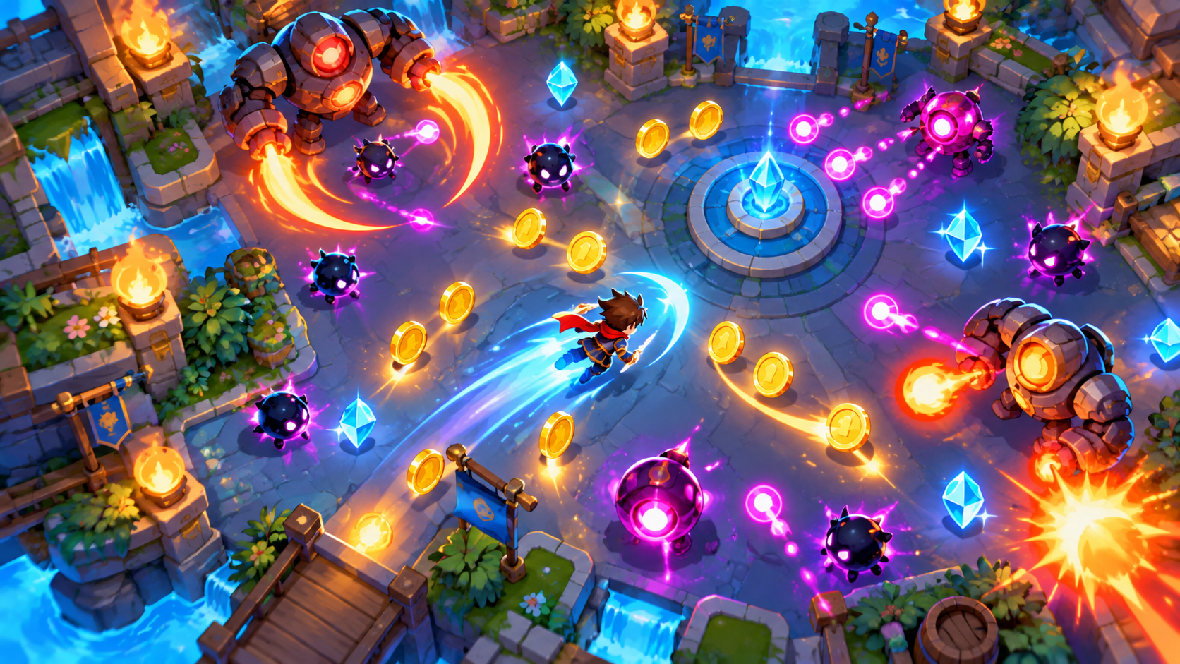 A glowing top-down view of a fast action game screen with a small hero dodging colorful projectiles and collecting golden coins, motion trails and bright energy effects, vibrant arcade style, no text