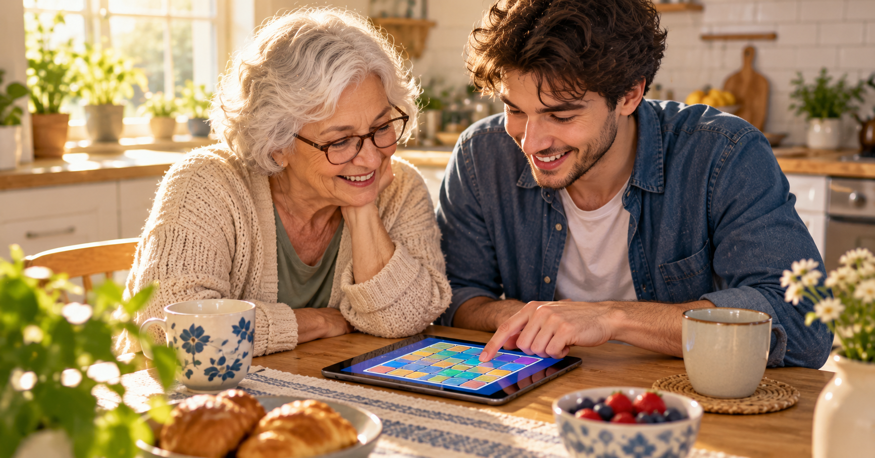 Calm photo-style scene of an older adult and a young adult sitting at a kitchen table solving a puzzle together on a tablet, morning sunlight, warm and friendly mood, no logos.
