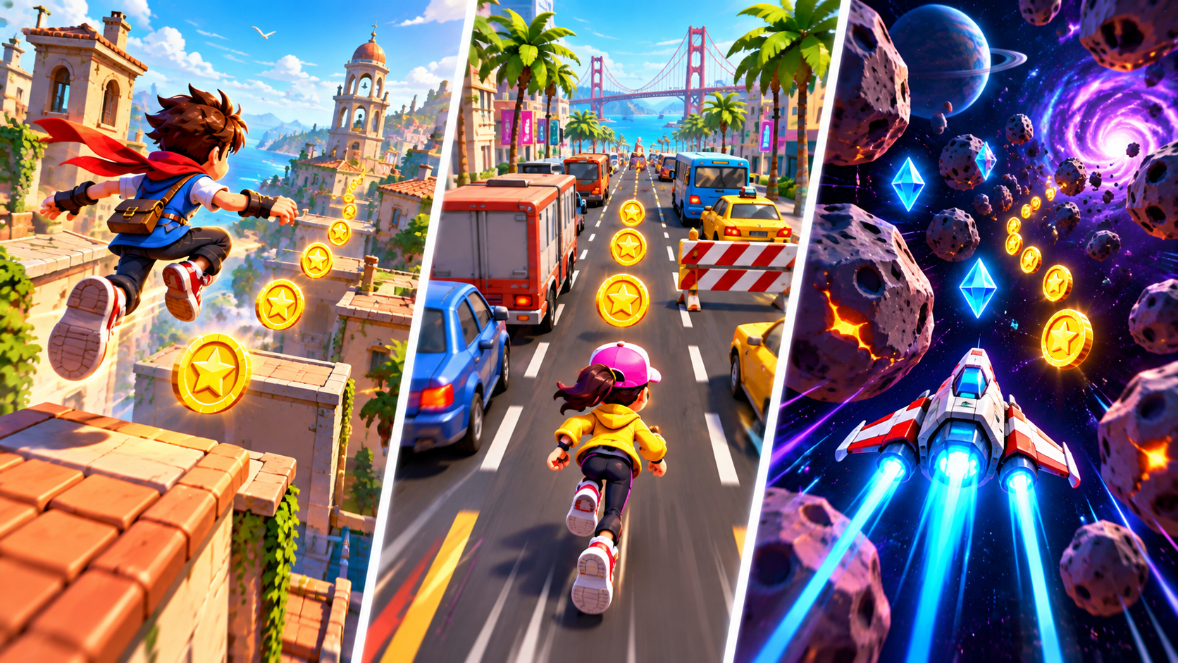 Three small panels showing different endless runner types: a hero jumping on rooftops, a character switching lanes on a road with coins, and a small spaceship weaving through asteroids, consistent bright game art style, no text