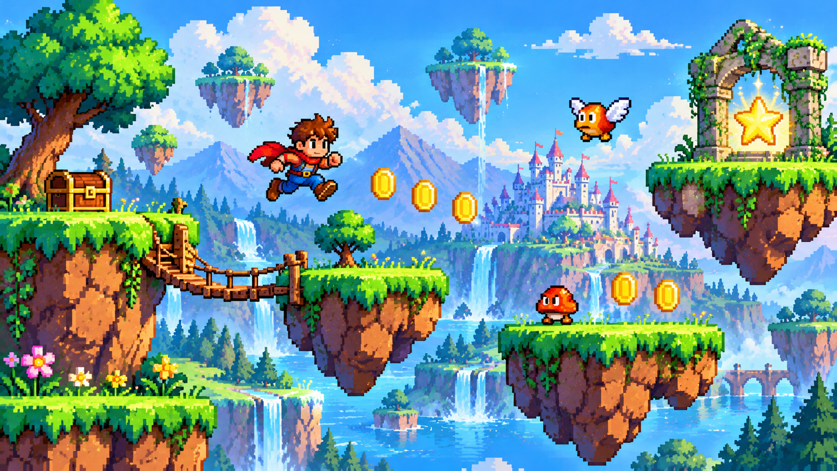 A pixel-art style platformer scene with a cute hero character jumping across floating islands, retro 16-bit color palette, charming and clean, no text