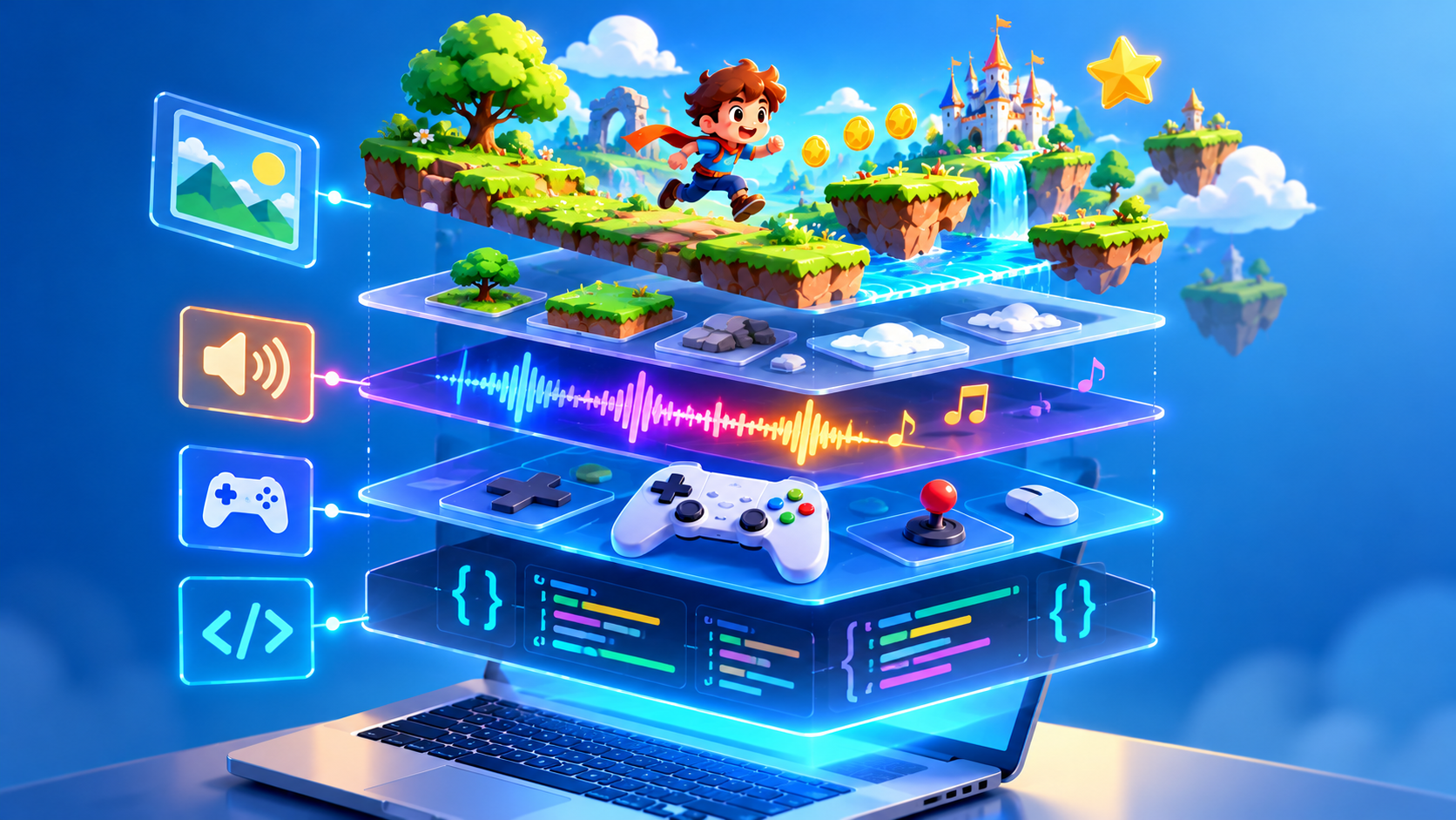 An exploded-view style illustration of a colorful game scene broken into layers: graphics, sound waves, controls and code symbols floating above a laptop, neat technical infographic look with a bright palette, no text