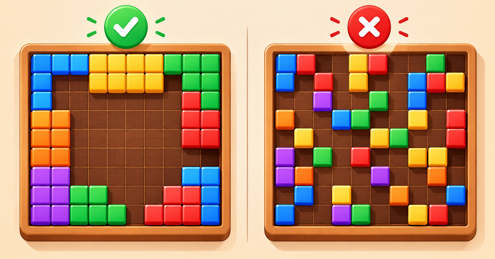 Flat diagram of a 10x10 block grid comparing a good board (open center, filled edges) and a bad board (scattered single holes), green check and red cross icons, clean minimal style, no text.