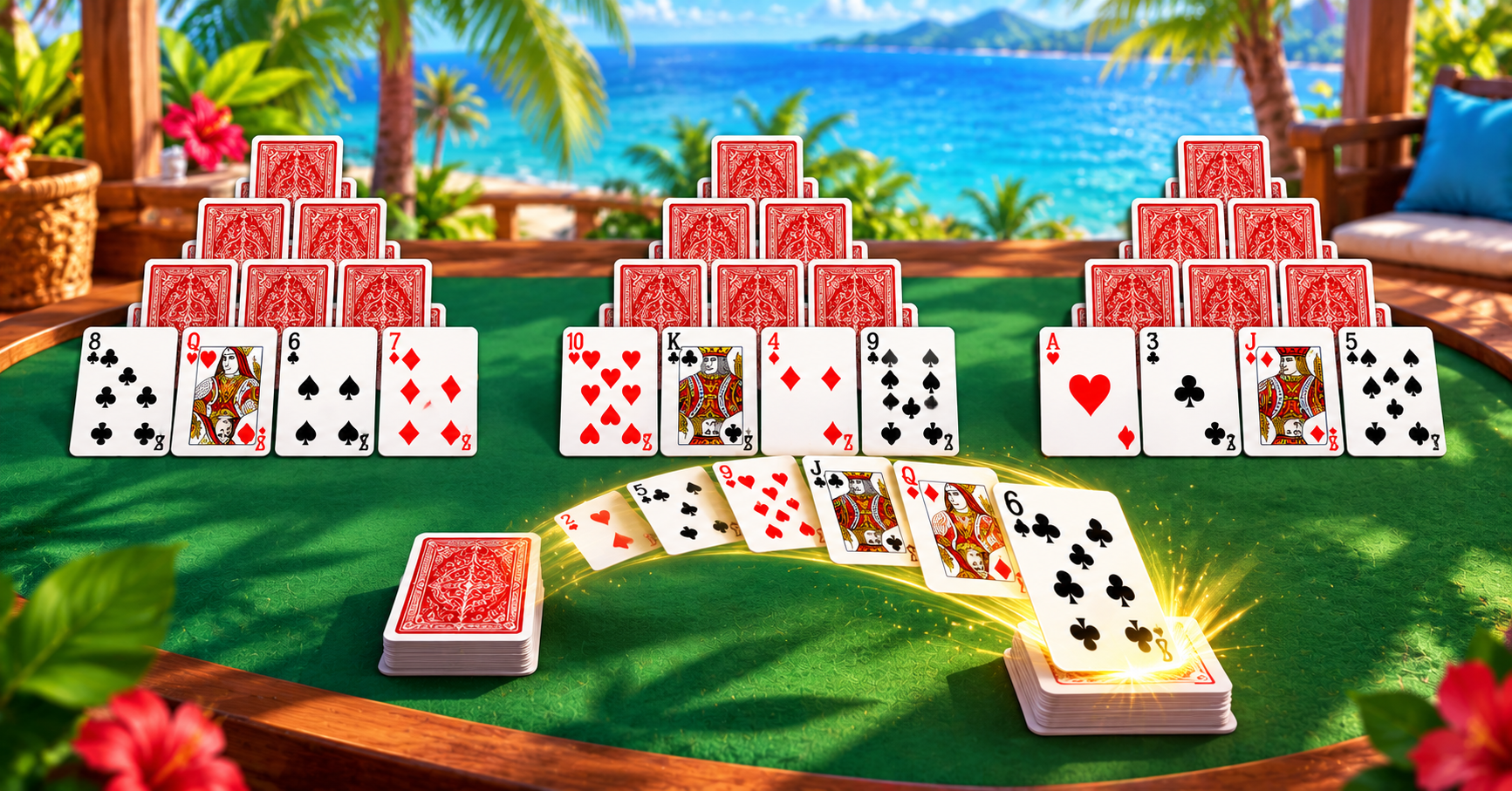 Bright illustration of three pyramid-shaped piles of playing cards on a tropical resort-themed table, a streak of cards flying into a single waste pile with a glowing combo trail, cheerful colors, no text, no logos.