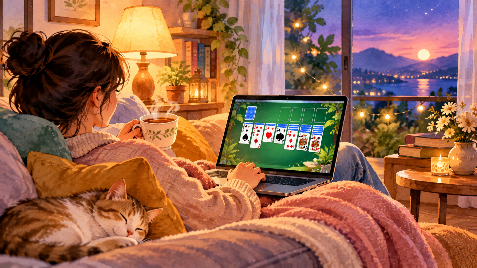 A calm cozy evening scene with a person relaxing on a sofa with a laptop showing a card game, a warm cup of tea beside them, soft lamp light, gentle watercolor illustration style, peaceful mood, no text