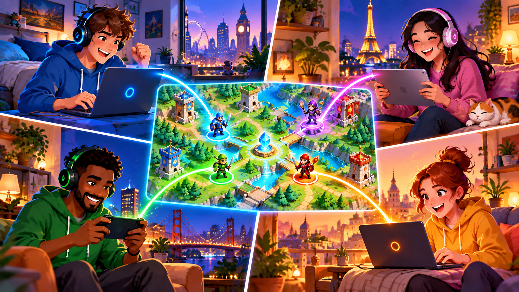A split illustration of four friends in different rooms and cities, each on a laptop or phone, connected by glowing lines to one shared colorful game screen in the center, warm cheerful cartoon style, no text