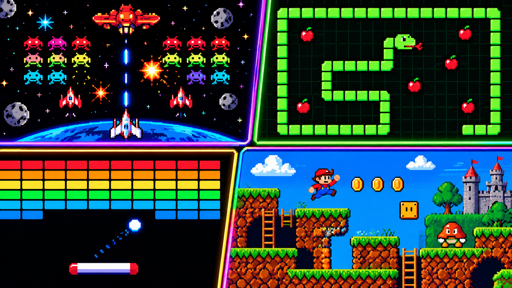 A collection of classic arcade game scenes in pixel art: a space shooter, a snake game, a brick-breaker, and a platformer, arranged like a retro poster, 8-bit color palette, no text