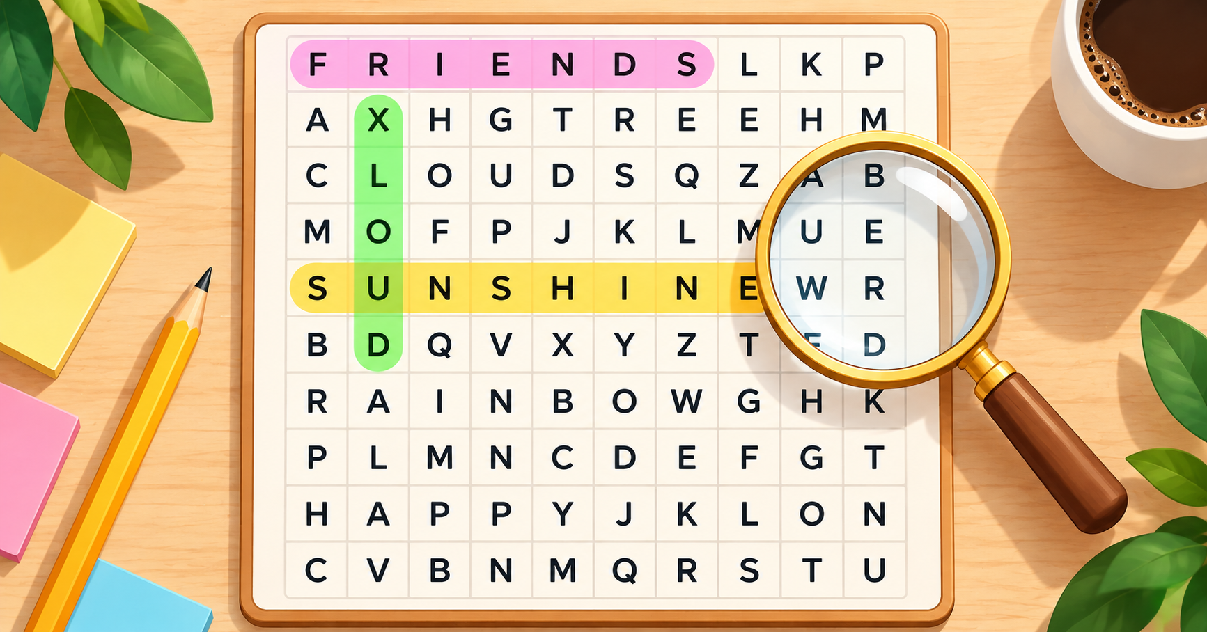 Clean flat illustration of a word search grid with three highlighted words in different bright colors, a magnifying glass over the grid, light background, no real brand names.