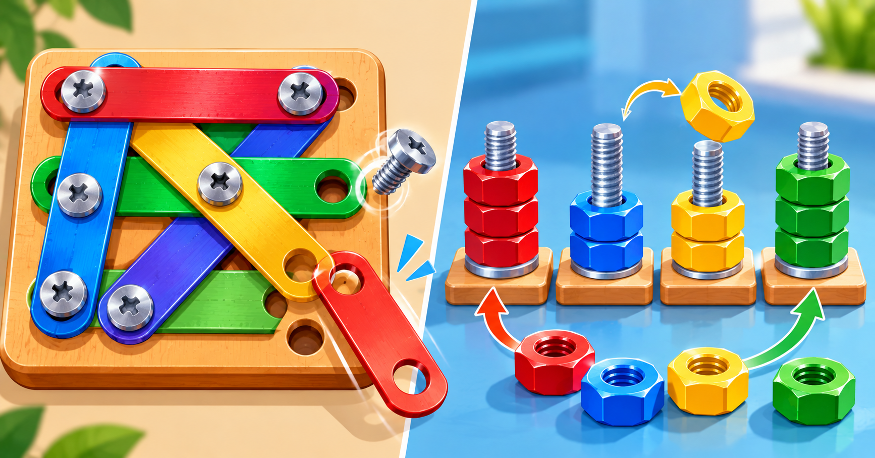 Side-by-side flat illustration: on the left, layered colored plates held by screws with one plate falling away; on the right, four bolts with stacked hex nuts being sorted by color, arrows showing moves, clean style, no text.