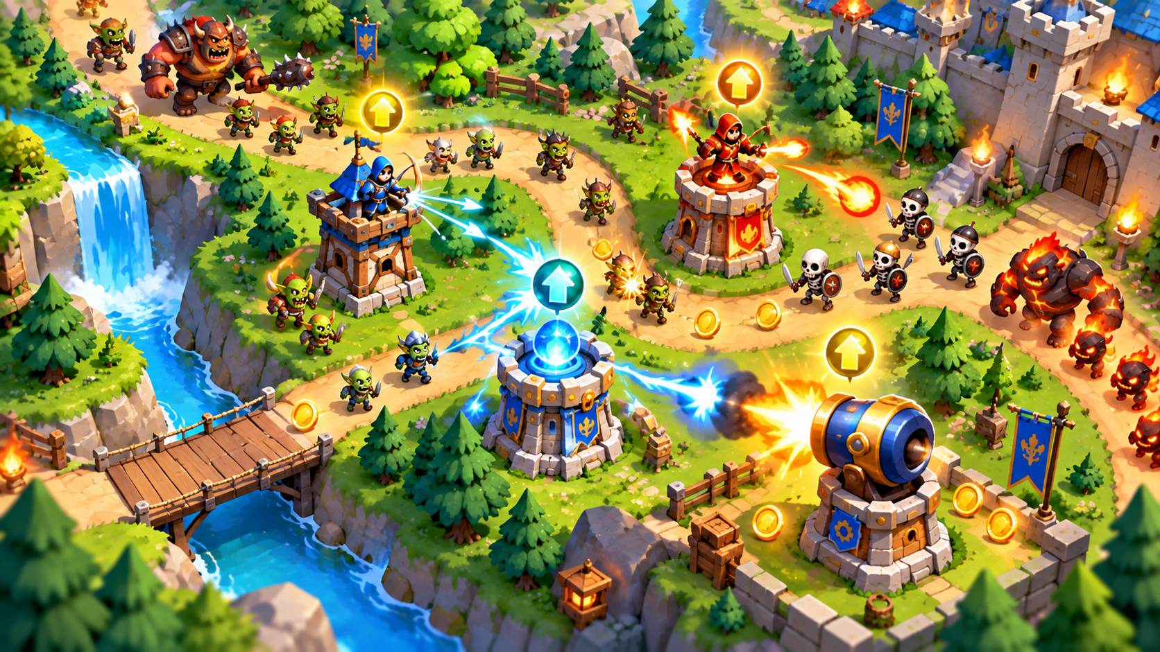 A cheerful illustration of a tower defense scene with small cartoon towers along a winding road, cute enemies marching, coins and upgrade icons floating above, bright cartoon game style, no text