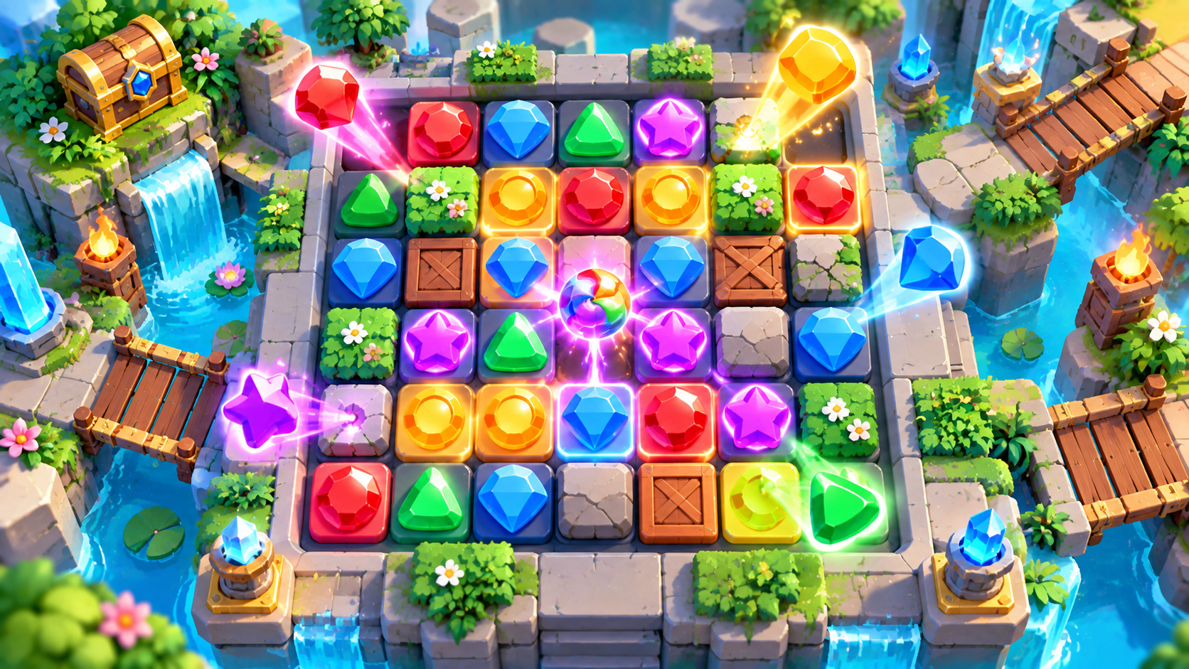 A neat top-down view of a colorful puzzle game board with glowing tiles, gems and numbers, soft shadows, clean modern game UI style, bright pastel color palette, no text