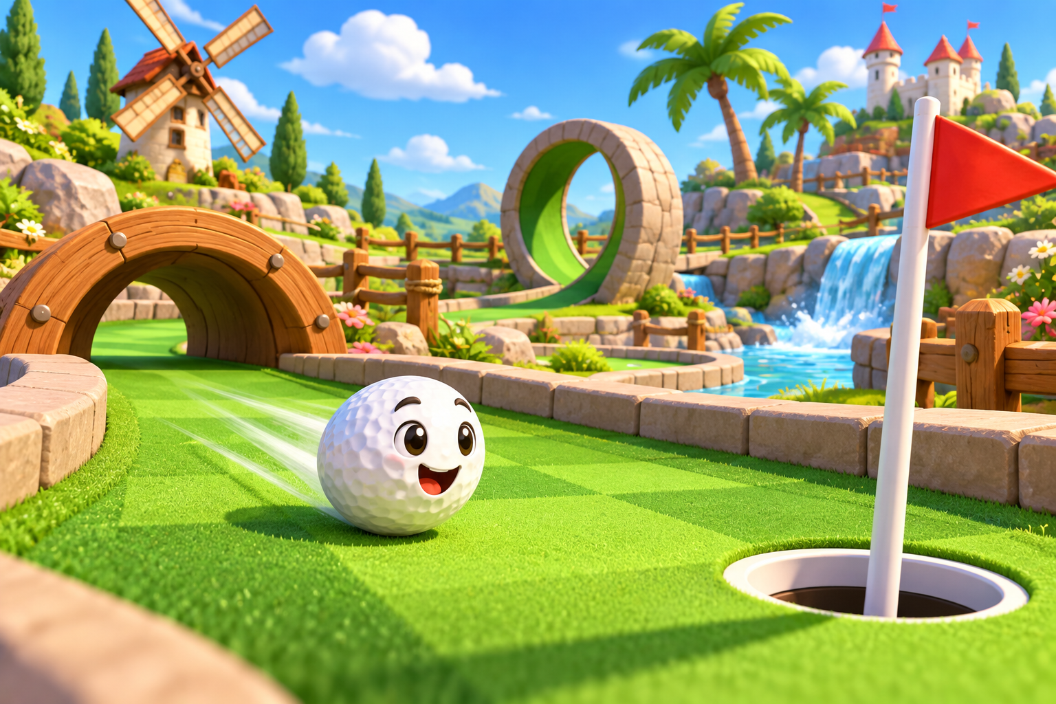 *A colorful cartoon mini-golf course with a cheerful ball rolling toward a flag, bright green grass, playful obstacles and a blue sky, polished casual game art style, no text*