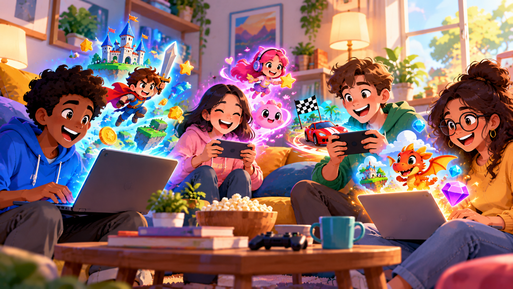 Four diverse friends laughing together while playing games on laptops and phones in a bright living room, colorful game characters appearing above their devices, warm friendly cartoon illustration style, no text