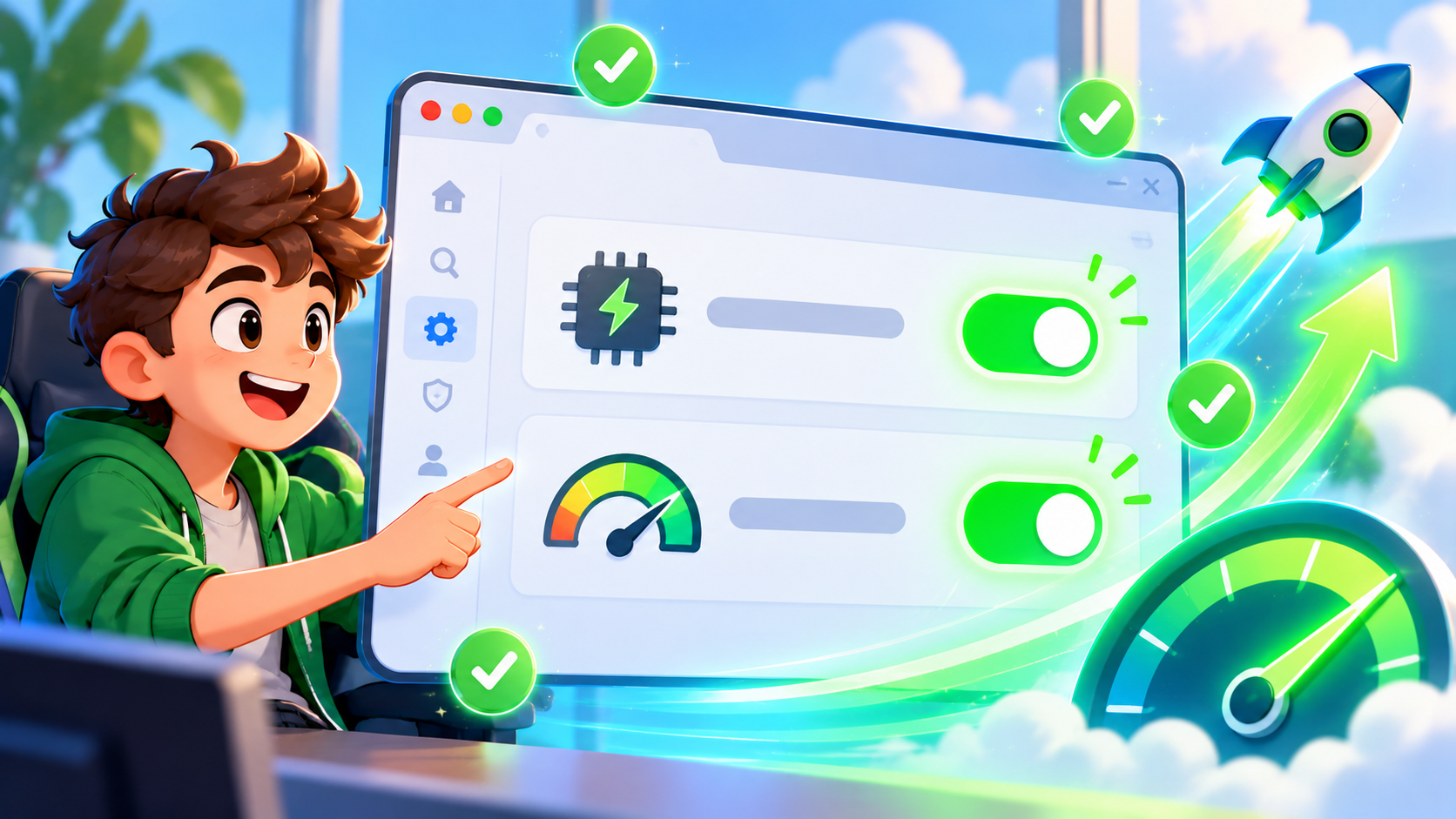 A friendly illustration of a browser settings panel with toggle switches glowing green for hardware acceleration and performance mode, small checkmarks floating around, clean modern UI style, no text