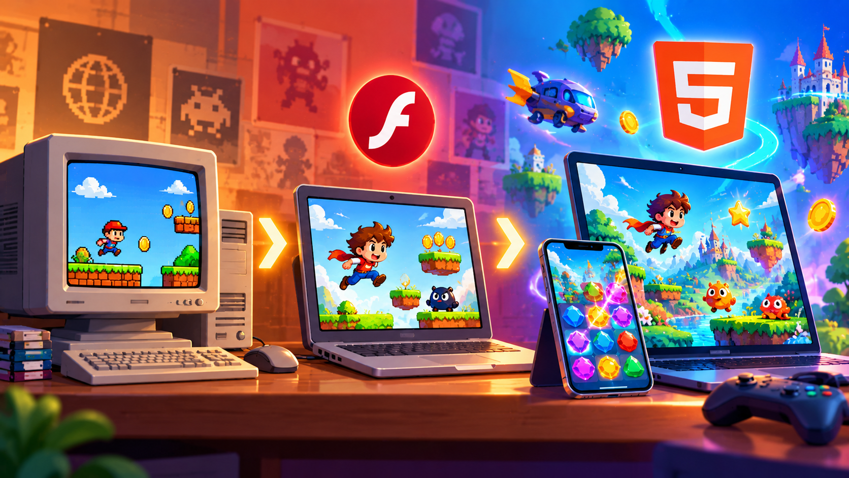 A horizontal timeline illustration showing the evolution of web games, from an old chunky CRT monitor with a simple pixel game, to a laptop with a Flash-era cartoon game, to a modern phone and laptop with a vibrant HTML5 game, warm retro-to-modern color transition, clean vector style, no text