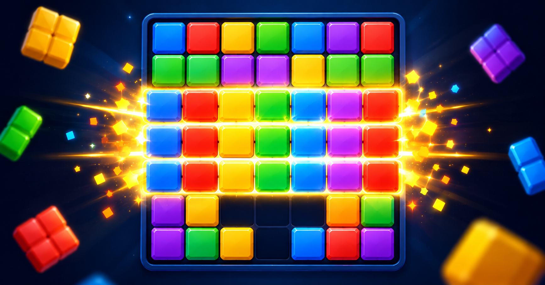 Satisfying illustration of three rows of a colorful block grid clearing at once with sparkles and a bright combo glow, arcade style, dark background, no text.