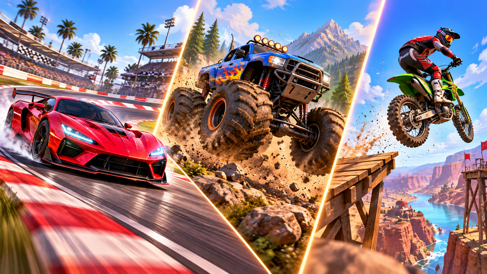 A split view of three racing styles: a sports car on a track, a monster truck climbing a hill, and a motorcycle jumping a ramp, vibrant colors, energetic game-art style, no text