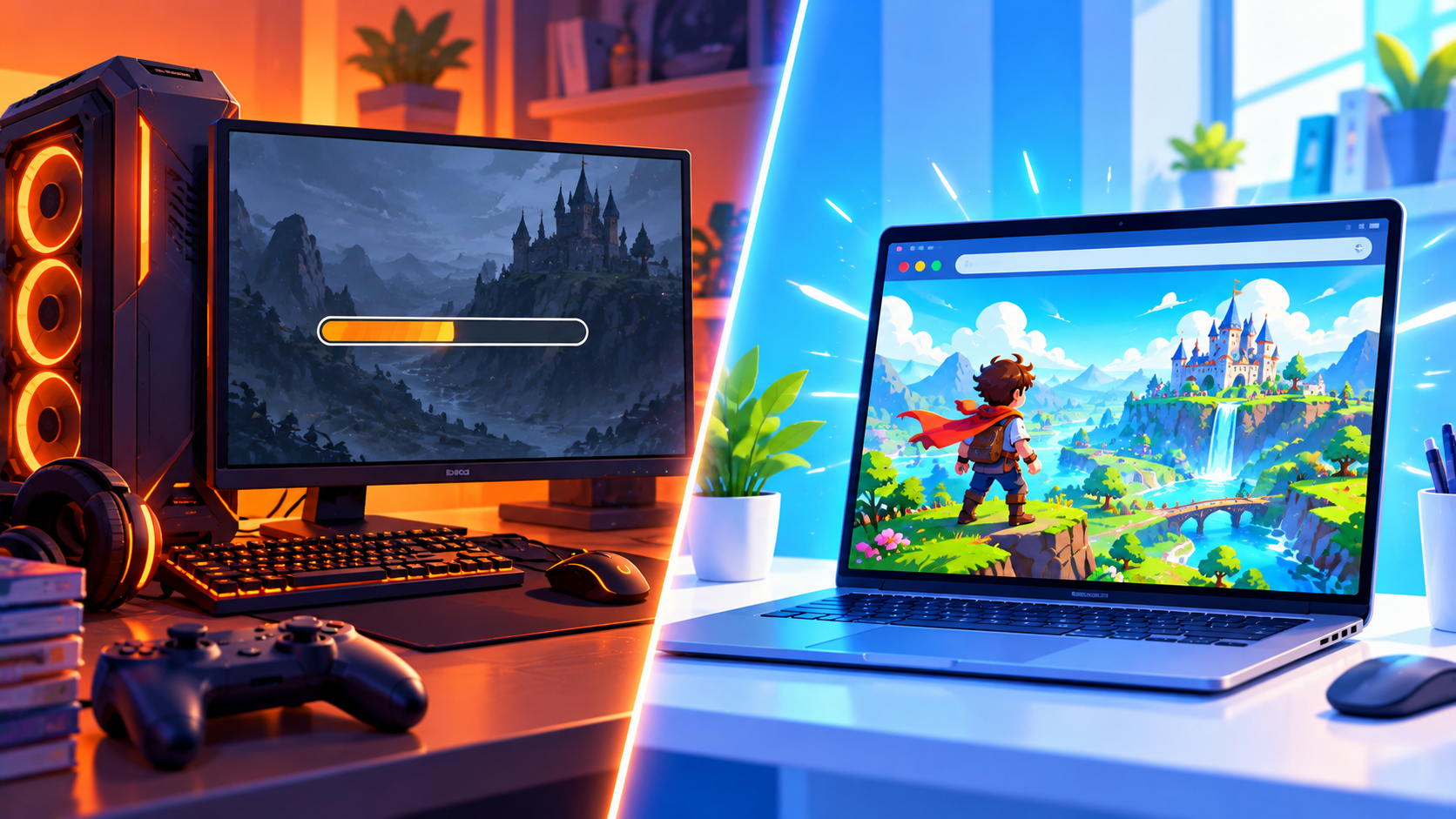 A split-screen comparison illustration: on the left a heavy gaming PC with a loading bar, on the right a slim laptop instantly running a colorful game in a browser, clean modern vector style, no text