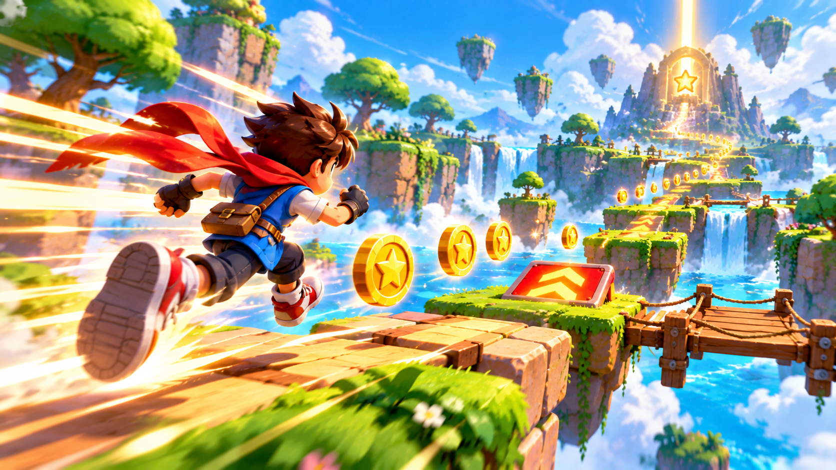 A colorful cartoon hero sprinting across a bright landscape of platforms, gaps and spinning coins, dynamic speed lines behind, a glowing distance marker ahead, polished endless runner game art style, no text
