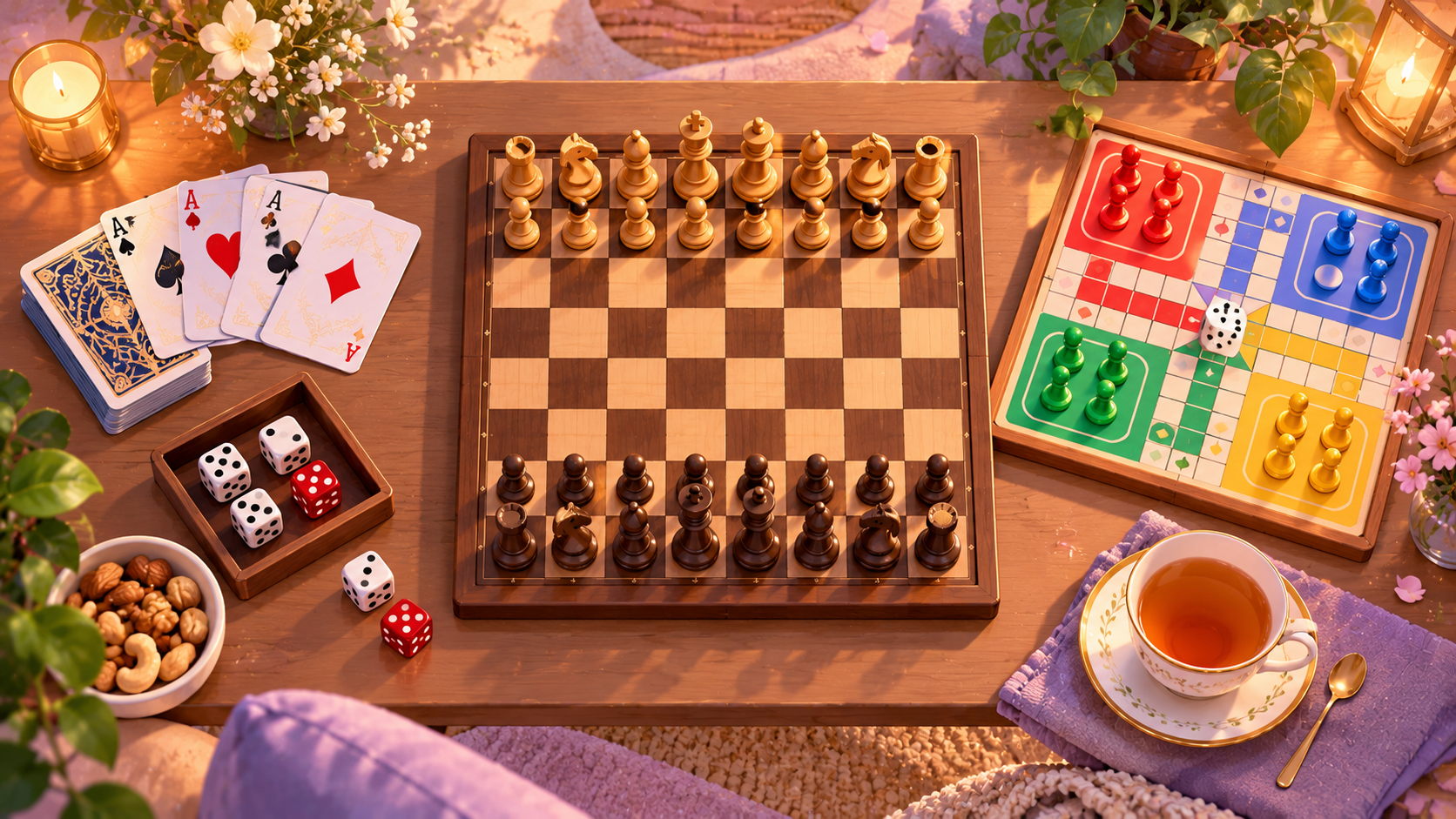 A tidy top-down view of an elegant digital board game table with a chess board, playing cards, dice and Ludo pieces arranged peacefully, soft pastel colors and warm lighting, clean illustration, no text