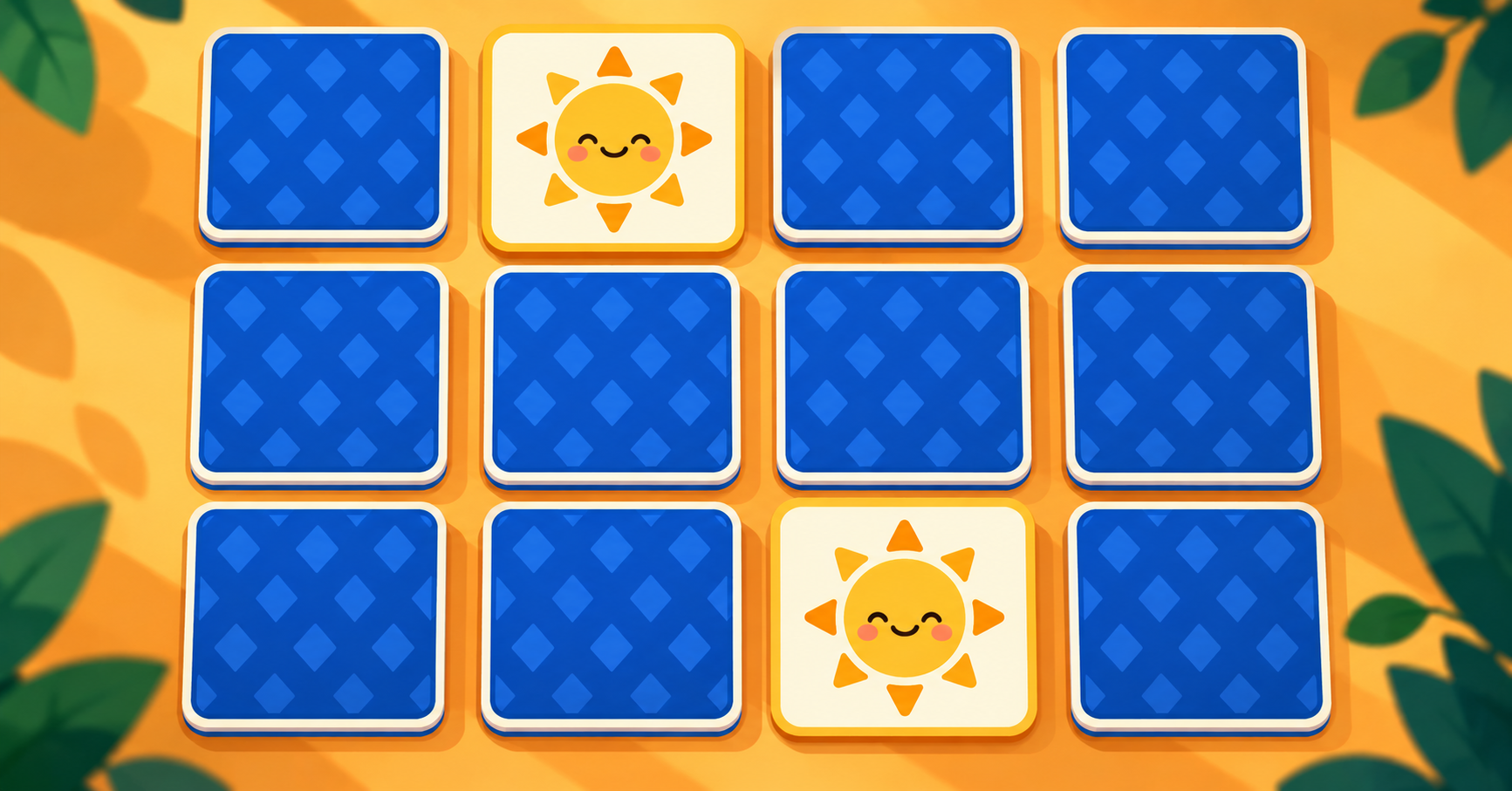 Flat illustration of a grid of face-down memory cards with two flipped cards showing matching symbols, warm colors, clean minimal style, no text.