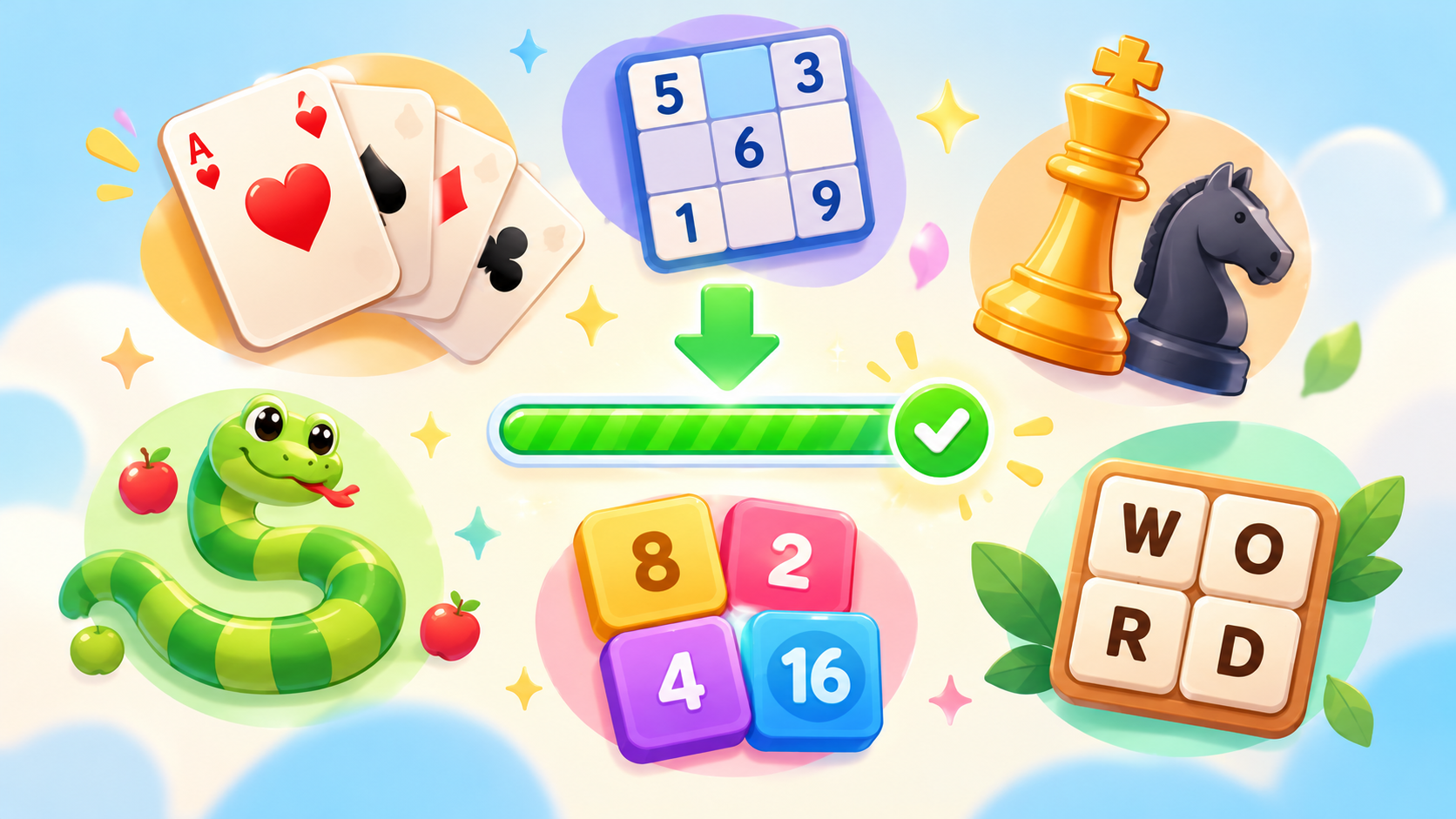 A simple, charming collage of lightweight game icons (card, sudoku grid, chess piece, snake, number tile, word grid) arranged around a tiny download-progress bar that is already complete, soft pastel colors, clean vector style, no text