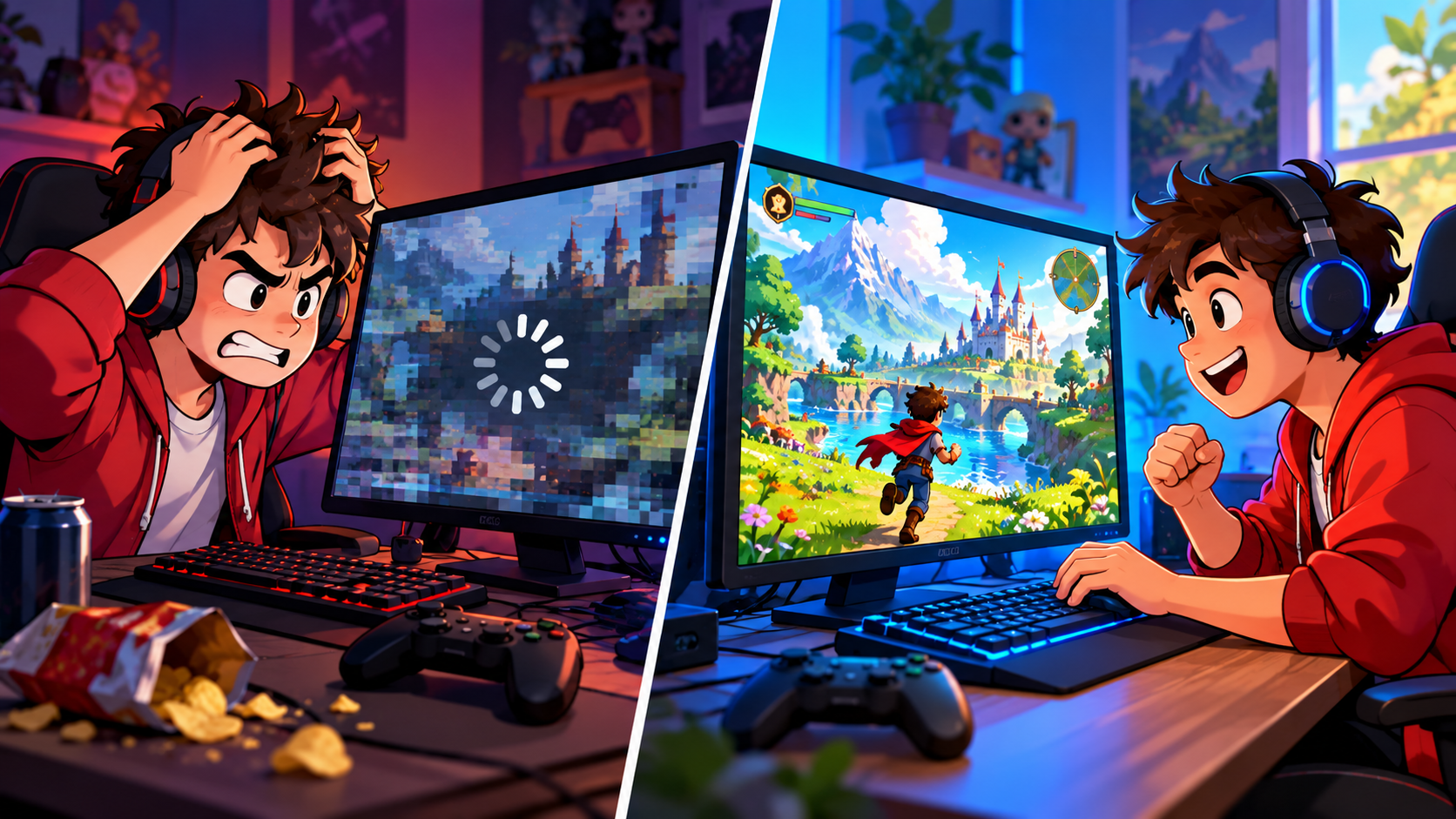 A frustrated gamer looking at a frozen game screen with a spinning loading circle, then a second panel showing the same gamer smiling with a smooth running game, split comparison cartoon style, no text