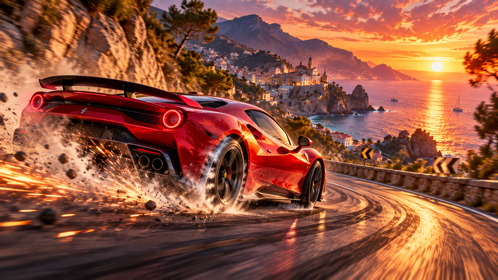 A sleek red sports car drifting around a sharp corner on a coastal road at sunset, dust and sparks flying, dramatic motion blur, cinematic digital painting style, no text