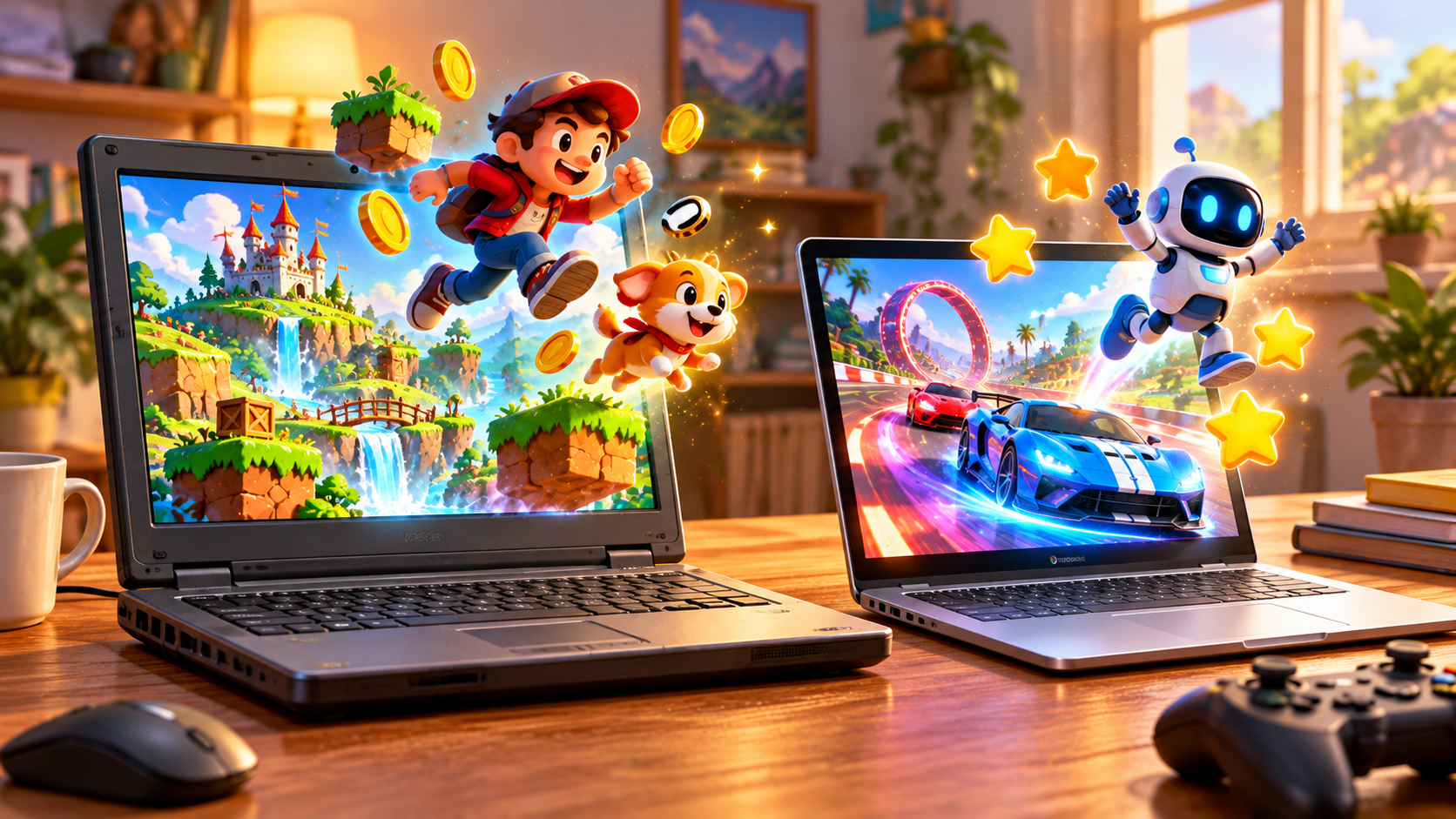 An older budget laptop and a Chromebook on a wooden desk, both displaying bright colorful games on their screens, small happy game characters jumping out of the screens, warm friendly illustration style, no text