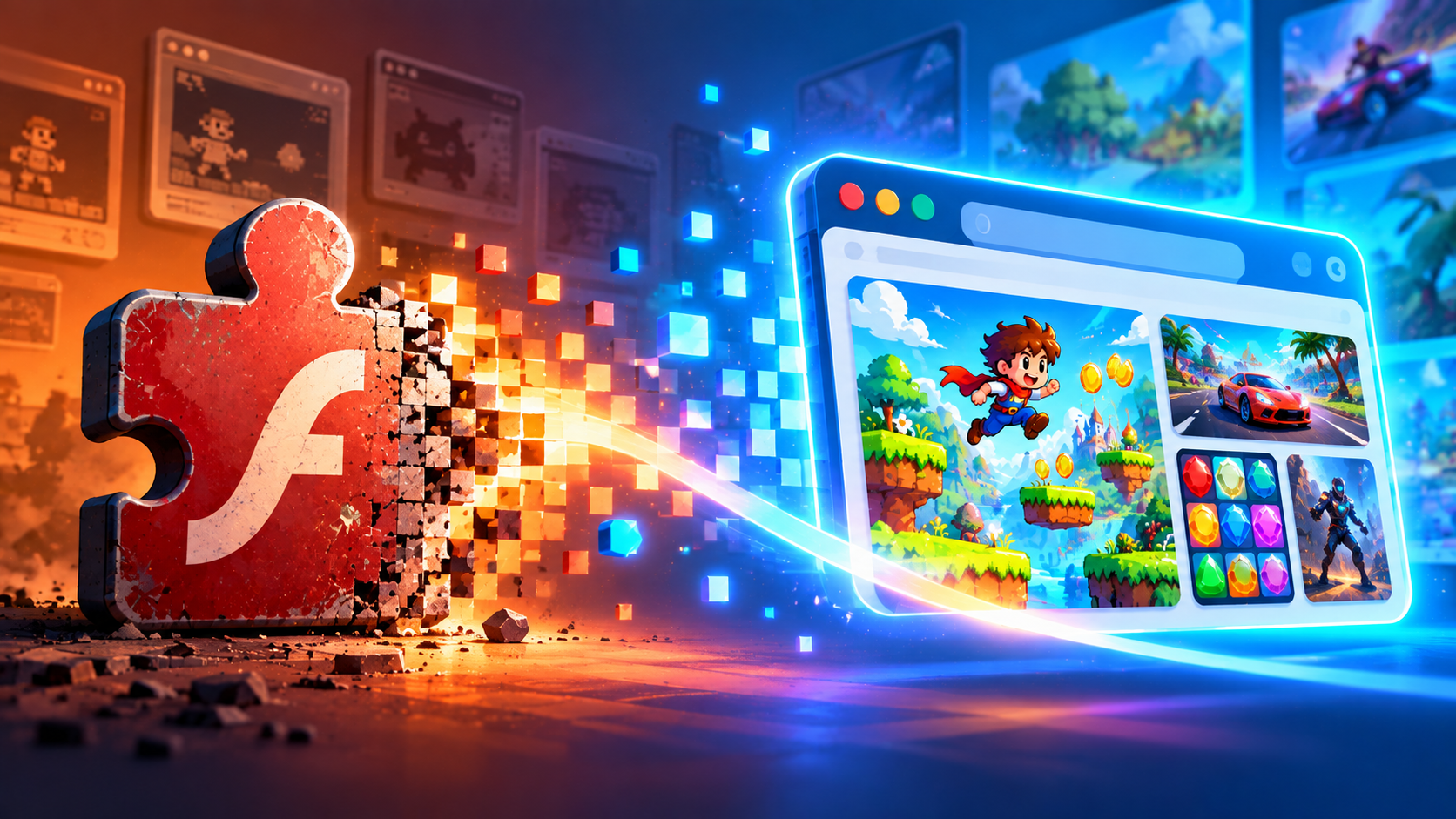 A symbolic illustration of a vintage plugin puzzle piece icon slowly fading into pixels while a modern glowing browser window takes its place, soft gradient background in blue and orange, no text