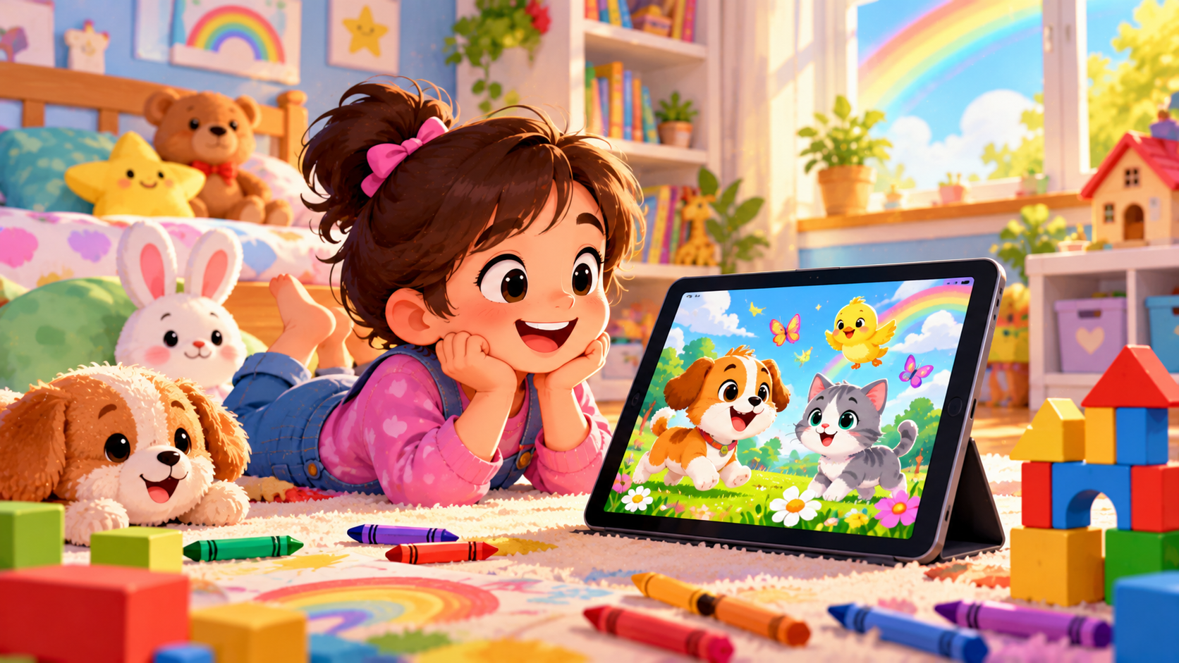 A bright children's room scene with a tablet showing cute animal characters, crayons and building blocks nearby, cheerful rainbow colors, cozy storybook illustration style, no text
