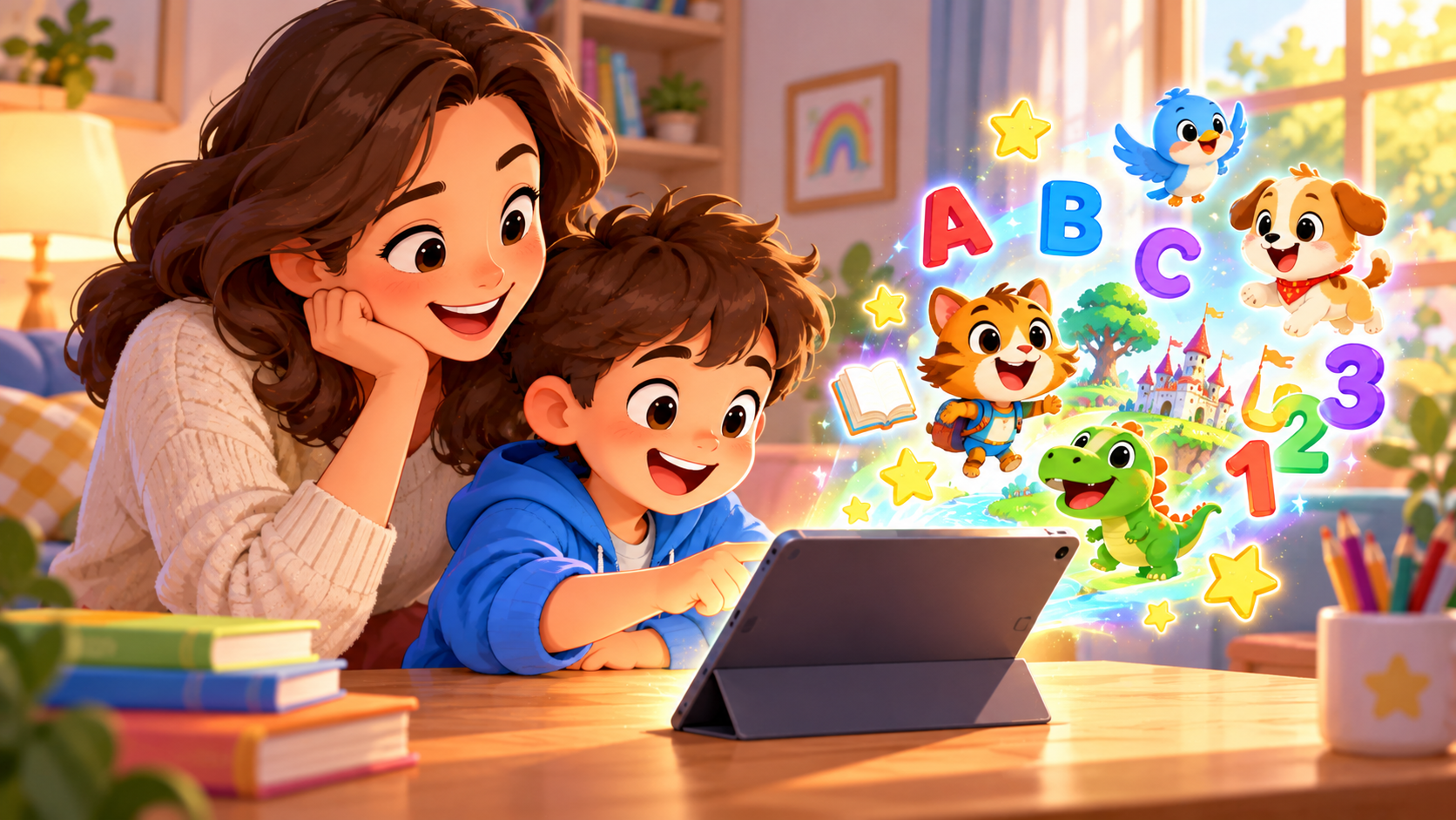 A happy child and parent sitting together at a table with a tablet, smiling at colorful educational game characters on screen, warm and safe family atmosphere, soft pastel cartoon illustration, no text