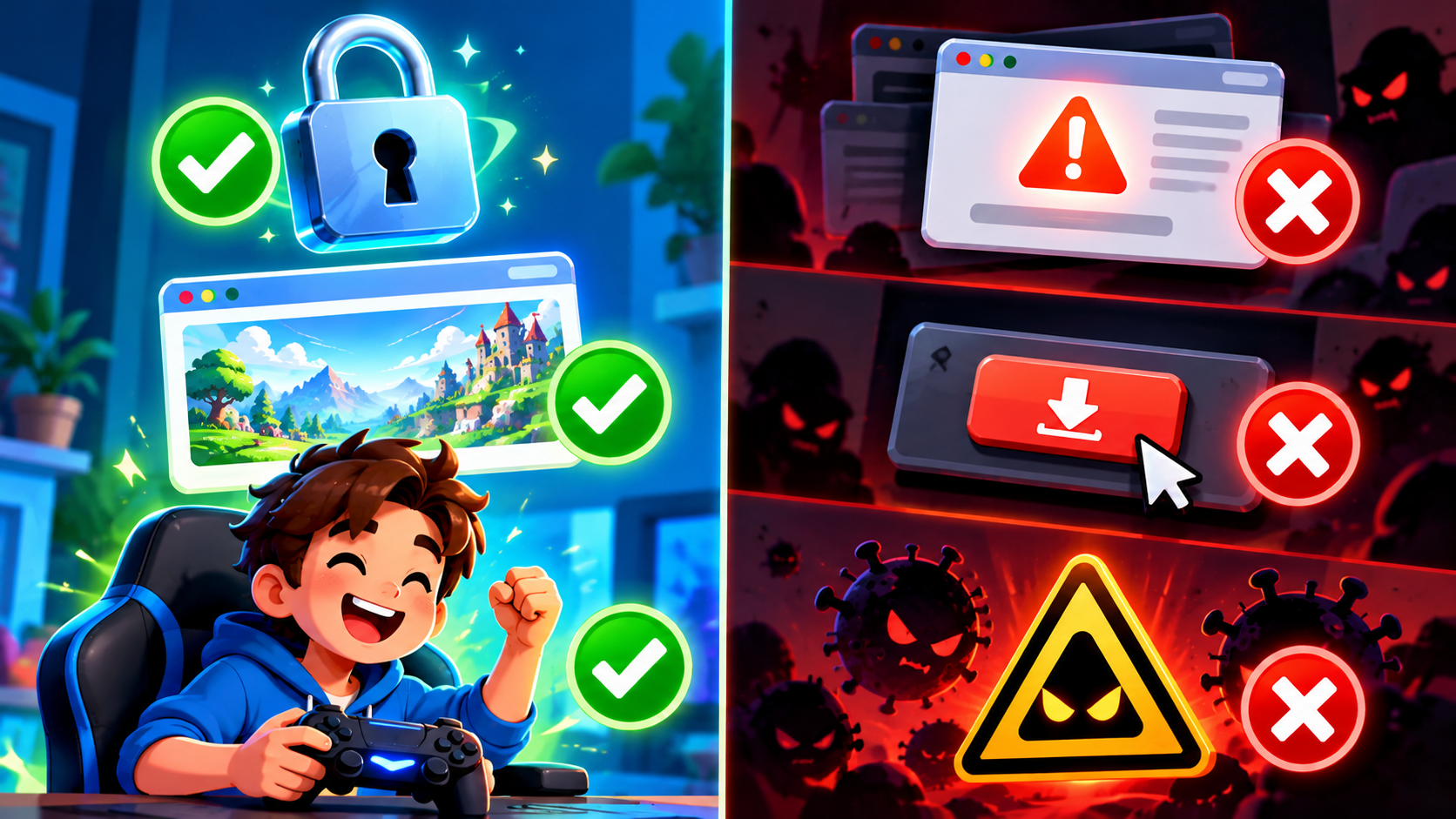 A checklist-style illustration with large green checkmarks next to a padlock, a clean website and a happy player, and red crosses next to a pop-up warning, a suspicious download button and a warning triangle, clear infographic style, no text