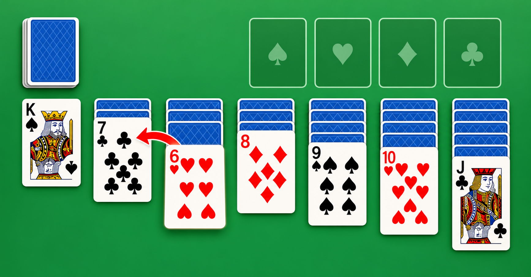 Clean flat illustration of a Klondike solitaire layout with seven tableau columns, four empty foundation spots at the top right, and a stock pile at the top left, arrows showing a red six moving onto a black seven, light green background, no text.