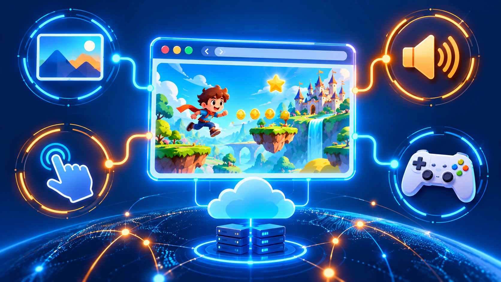 A clean technical-style illustration of a browser window as a central hub with connected icons representing graphics, sound, touch input and controllers, glowing lines linking them to a colorful game scene, blue and orange palette, modern vector style, no text